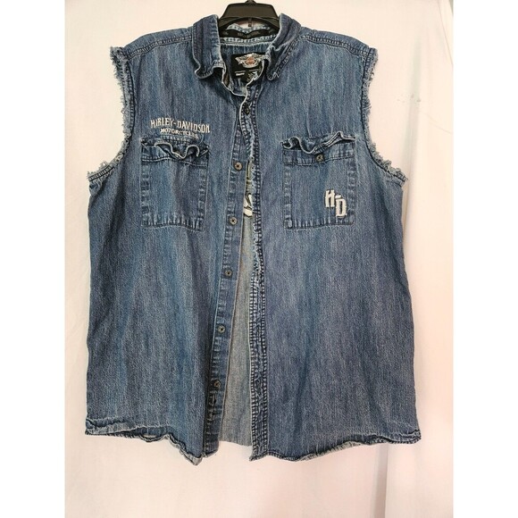 Harley Davidson Vest Shirt Men XL Cut Off Sleeveless Button Up Blue Denim - Picture 1 of 11
